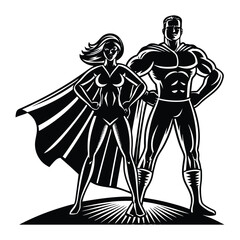A bold silhouette of a superhero man and woman standing side by side, capes flowing in the wind, exuding strength, unity, and heroism against a dramatic backdrop.