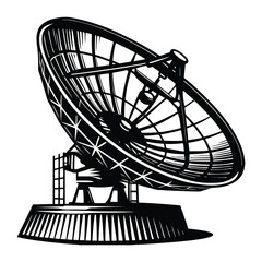 A silhouette of a satellite dish, angled towards the sky, symbolizes communication and technology. Its dark outline contrasts against the background, evoking a sense of connectivity.
