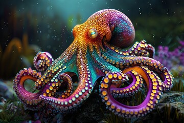 Vibrant Rainbow Octopus Underwater Closeup Ocean Wildlife Colorful Cephalopod Marine Life