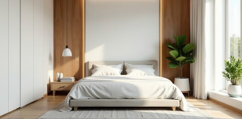 Sleek minimalist bedroom White walls, wooden accent wall, bed, pillows, lamp, stacked books , peaceful, books