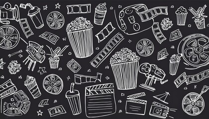 Movie, cinema doodle icon illustration. Doodle hand drawn sketch style movie elements, popcorn, video camera, clapperboard. Vector line illustration.