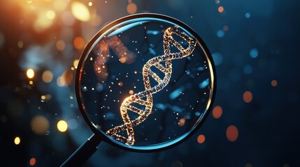 Magnifying glass focusing on golden DNA helix with colorful bokeh lights
