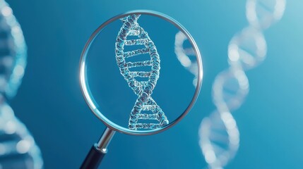 Blue DNA helix magnified with magnifying glass and blurred background