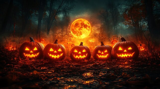 A group of glowing jack o lanterns casting long shadows under a mysterious pumpkin moon