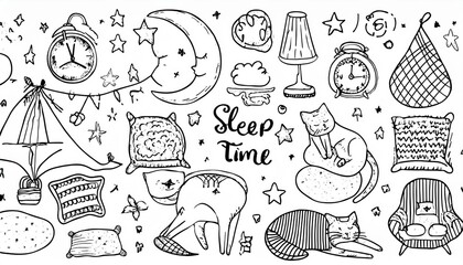 Sleep, relax time, dream night doodle set on white background. Concept comfort night sleep time. Hand drawn sketch style. Moon, cat, star, lamp element. perfect any project.