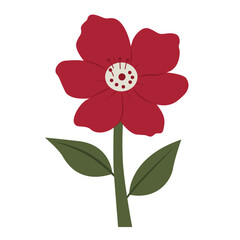 Simple red flower with green leaves, perfect for nature themed designs, botanical illustrations, spring/summer concepts, and vibrant floral projects