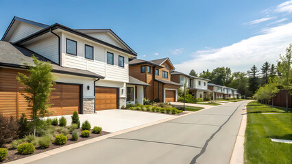 Modern Residential Homes with Stylish Facades and Paved Driveways Under a Clear Blue Sky