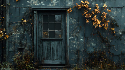 Open door in blue building with weathered gray wall showcasing realistic architecture and urban environment