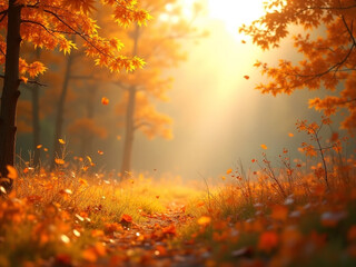 Fototapeta premium Beautiful maple leaves in autumn sunny day in foreground and blurry background , close up, copy space, macro shot.