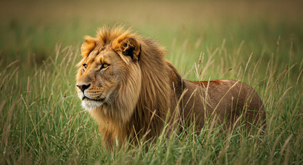 Fototapeta premium A majestic lion stands in lush green grass, gazing into the distance. Its golden mane and piercing eyes exude power and grace, embodying the wild beauty of the African savanna.