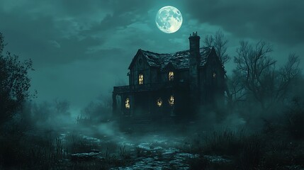 A haunted house with glowing windows and shadowy figures inside under a spooky moon