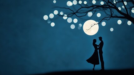 Obraz premium Romantic Couple Dancing Under the Moonlight on Valentine's Day with Soft Glow of Fairy Lights Surrounding Them
