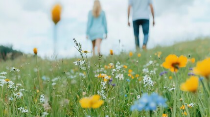 Couple Walking Through a Vibrant Field of Colorful Flowers, Enjoying a Peaceful Day Together in Nature
