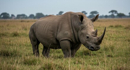 Obraz premium A powerful rhinoceros stands in the grassy savanna, its thick skin and large horn showcasing its strength. The peaceful yet alert creature embodies the wild beauty of Africa’s landscapes.