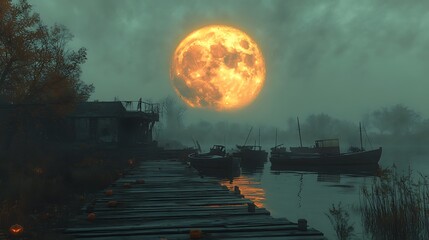 Fototapeta premium A haunted dock with abandoned boats floating in eerie mist under a glowing pumpkin moon