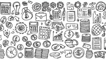Doodle business icon set. Doodle business, finance, office teamwork concept. Money, calculator, gear element. Hand drawn sketch style perfect any project.