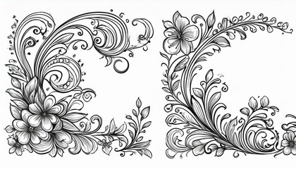 Corner flourish border set. Hand drawn doodle style corner with rustic floral element. perfect any project. border.