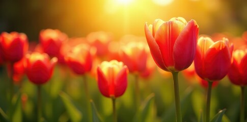 Vibrant tulips bask in golden sunlight, petals glowing , flora, floral
