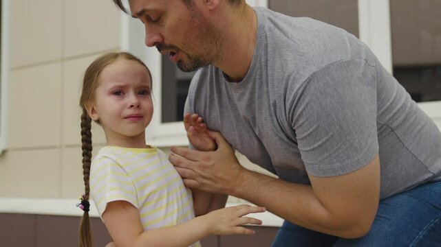 little girl was offended her father. conversation between little child father. kid upset badly behaves without obeying parent. man explain his daughter rules conduct. tear baby eye. crying child dream