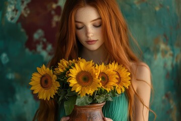 Naklejka premium Redhead woman with freckles gently holds a vase of sunflowers, looking down.