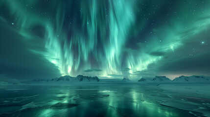 northern lights icy landscape green blue hues reflection frozen water mesmerizing patterns