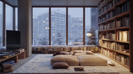 Cozy reading nook with floor seating, bookshelves, and snowy city view at night.