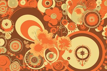 Fototapeta premium A playful 1970s-style Valentine's Day card featuring groovy typography, warm earthy tones, and abstract heart shapes.