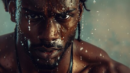 Close-up of a strong male athlete with water dripping from his face, intense gaze highlighting focus and determination. Dramatic lighting enhances the powerful emotion. AI generated.