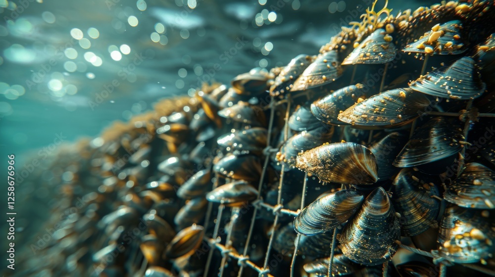 Poster Mussels cling tightly to a submerged surface, showcasing their dark shells sparkling in sunlight as gentle water currents ripple around them in a coastal area.