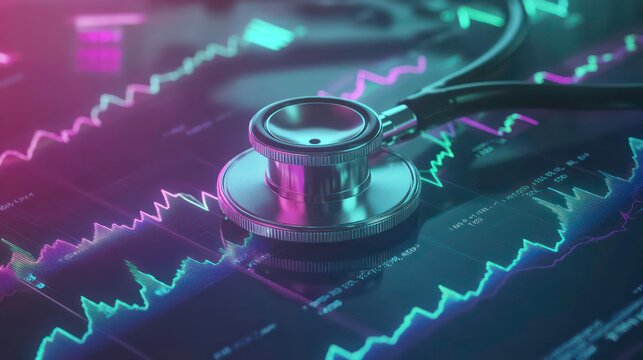 A stethoscope rests on top of a glowing financial chart.