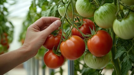tomato hand picking organic harvest. Fresh tomatoes being harvested in a greenhouse setting.