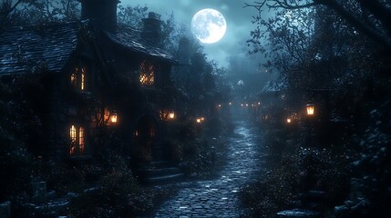 A narrow cobblestone street in an old village with flickering lanterns under a spooky moon