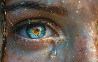 Hyper-realistic close-up of a blue eye with golden reflections and a single tear drop symbolizing deep emotion and cosmic wonder  
