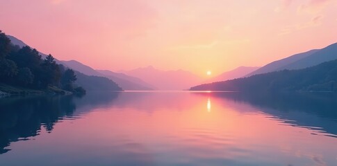 Calming lake scene with a smooth gradient of pink to orange hues, natural, lake