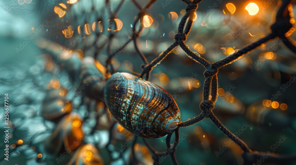 Poster early morning light illuminates shells glistening on a fishermans net, creating a serene atmosphere 