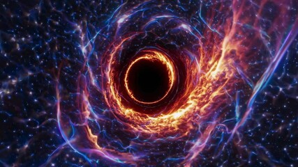 A mesmerizing cosmic video scene of a glowing black hole, captured from a top-down angle, with swirling energy and starry background.
