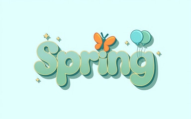 illustration with the word spring with the letters in green and the border in yellow, light blue background. The word is decorated with stars, a butterfly and balloons
