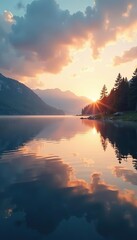 Calm lake waters reflected in the morning sky, serene, water, landscape