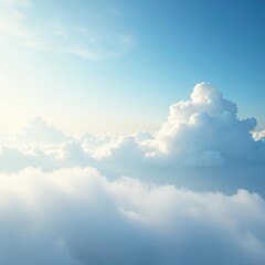 Calm morning sky with fluffy white clouds and soft blue hues, misty, nature