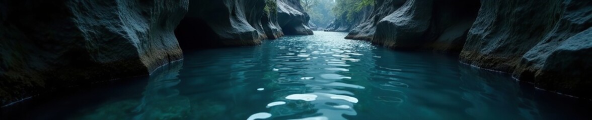 Calm water flows gently through dark passageways, darkness, passage