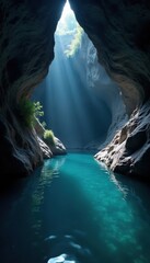 Calm water flows gently through dark passageways, limestone, water, caves