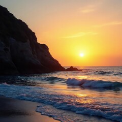 Calm sea at sunset with a single wave crashing against the rugged coastline, serene, sunset, water