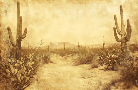 Vintage mexican background, faded yellow parchment with cactus silhouette