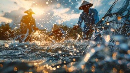 Naklejka premium Groups of fishermen are actively engaged in casting nets at sunset, creating splashes as the water sparkles under the warm glow of the setting sun in a tranquil environment.