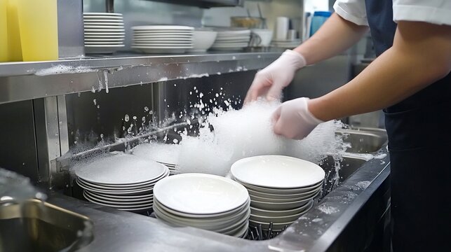 Chef washing dishes in commercial kitchen sink.