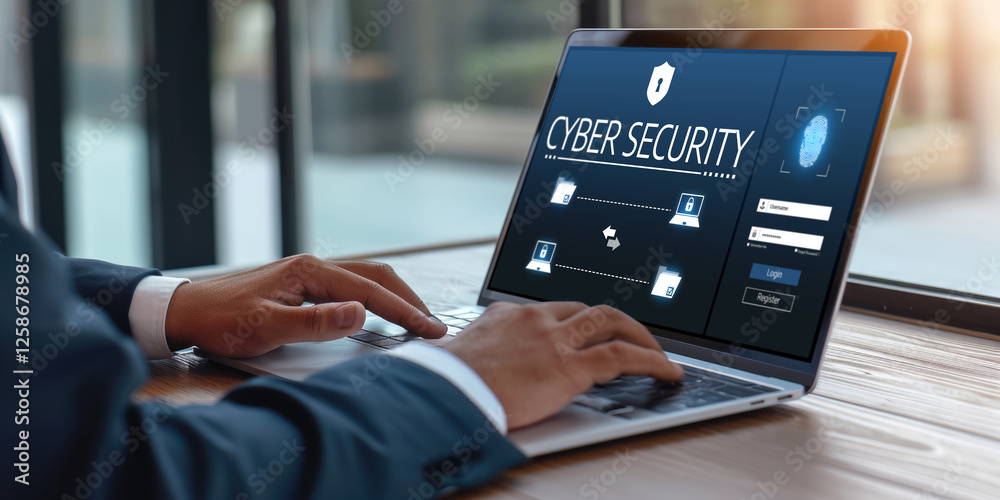 Poster cyber security system on computer screen protect private information brisk from hacker and cyber att
