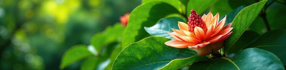 Calotropis tree with large leaves and flowers, botanical gardens, greenery, giant plant