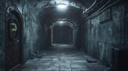 Dark alley with light at the end and dark gray cement pavement in realistic urban photography