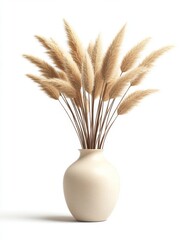 Beige vase pampas grass bouquet, white background, home decor