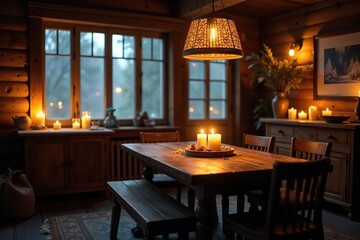 Candlelit dining area with a rustic wooden table and sideboard, wood, festive, winter